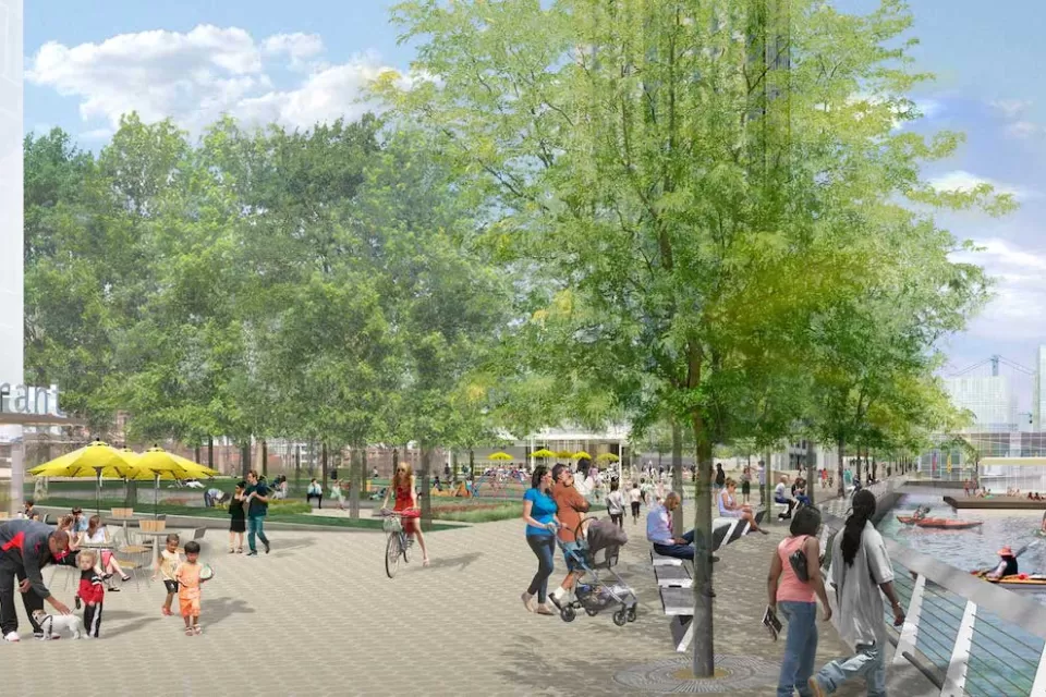 Rendering of people walking in waterfront park in Philadelphia, Pennsylvania